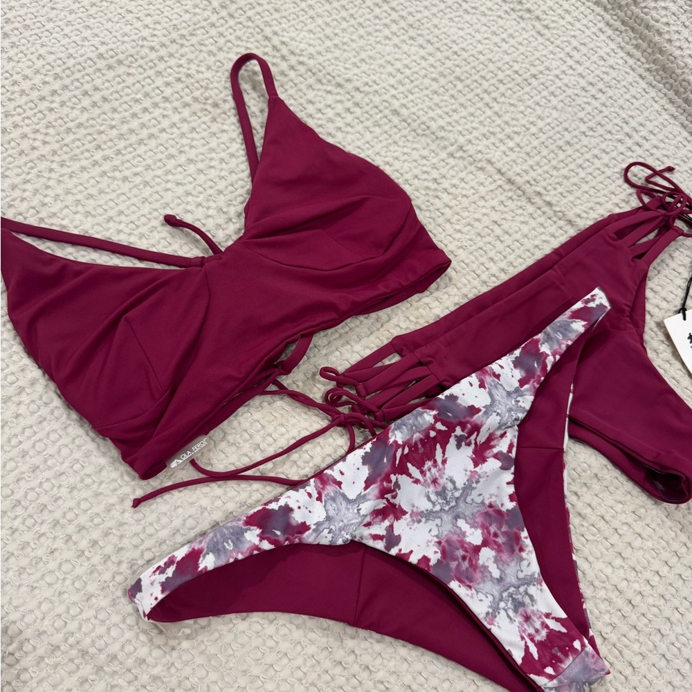 Ola Feroz - 3 piece Bikini Set - Burgundy and Floral (Reversible)